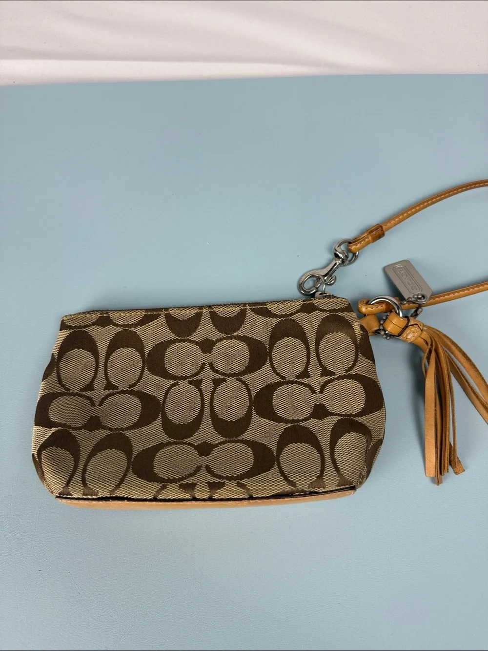Coach Brown/Tan Signature Canvas Wristlet with Tassel